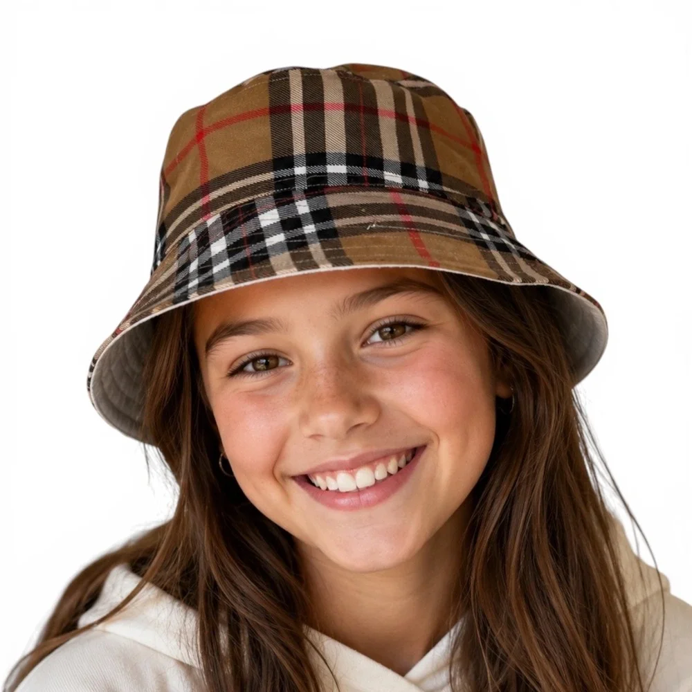 Handmade‎ Kids Tan Plaid Bucket Hat Iconic Check Pattern Designer Style Hat 20